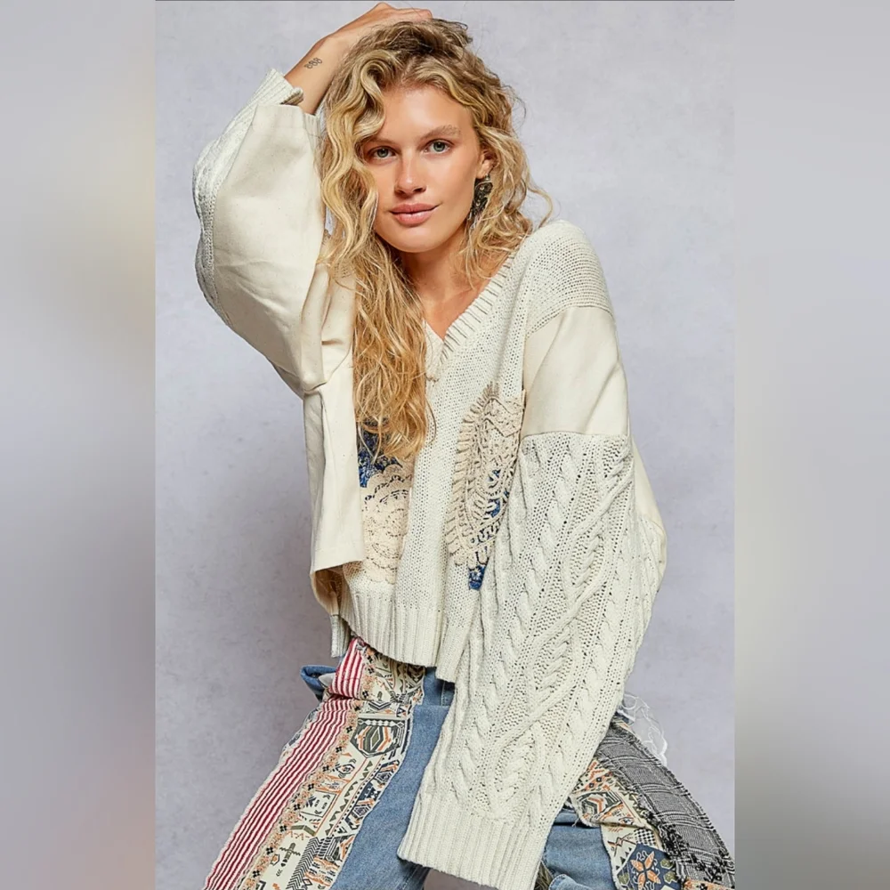 #801 POL Patchwork Detailed Oversized Sweater - Picture 4 of 8